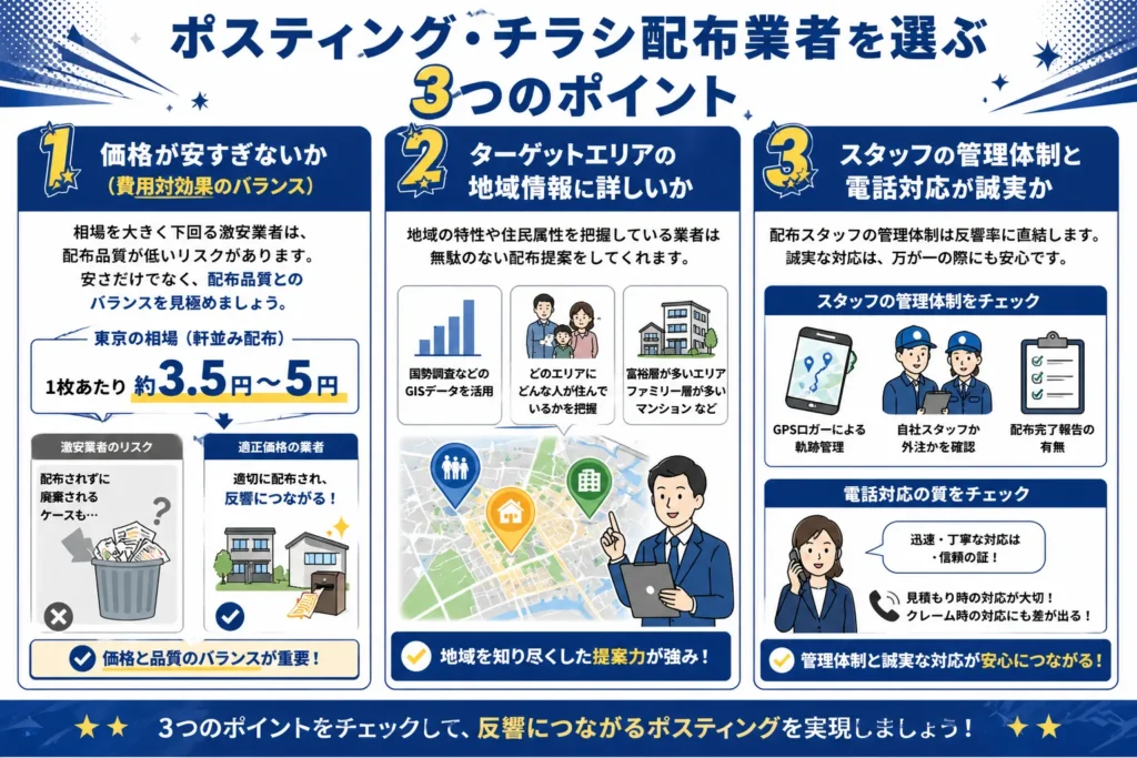 ポスティング・チラシ配布業者を選ぶ3つのポイント